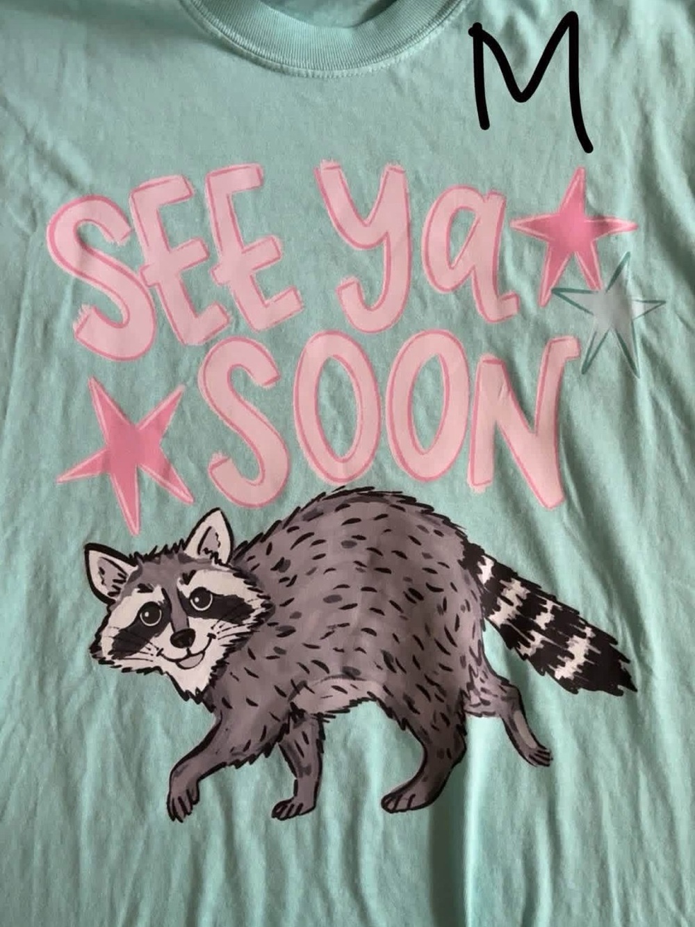 Comfort Colors Mint Tee with Pink "See Ya Soon" Raccoon Graphic